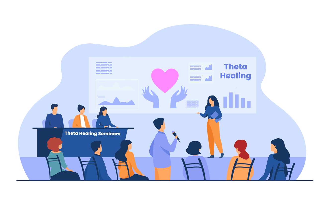 An enthusiastic speaker stands in front of a screen presenting on Theta Healing. The audience is engaged, with some participants seated at a table labeled "Theta Healing Seminars." The screen displays visuals, including a heart surrounded by hands and various charts, emphasizing the educational and interactive nature of the seminar.