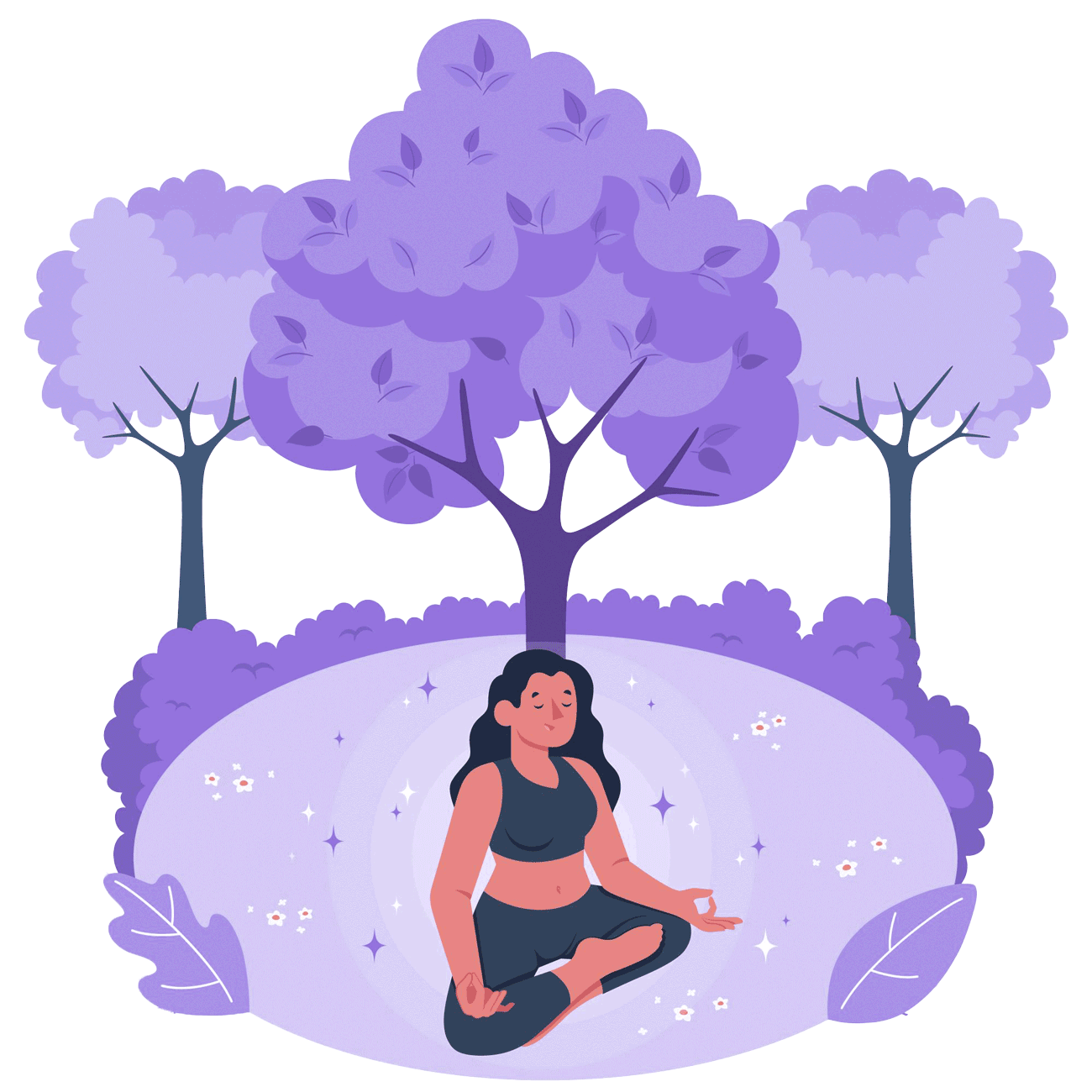 A person meditates in a peaceful outdoor environment with purple trees, small flowers, and sparkles around them. The individual sits cross-legged with hands on their knees, palms up, and fingers forming a mudra. This scene embodies the principles of theta healing, such as tranquillity, meditation, and a deep connection with nature.
